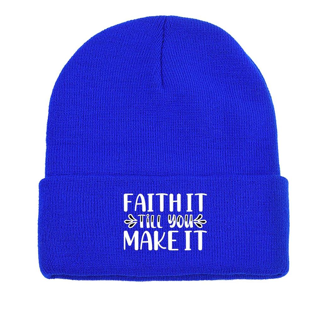 FAITH IT TILL YOU MAKE IT" Print Knitted Cap Beanie, Skullies Beanies Stretchy Versatile Stylish Bobble Hat Knit Hat Beanie
