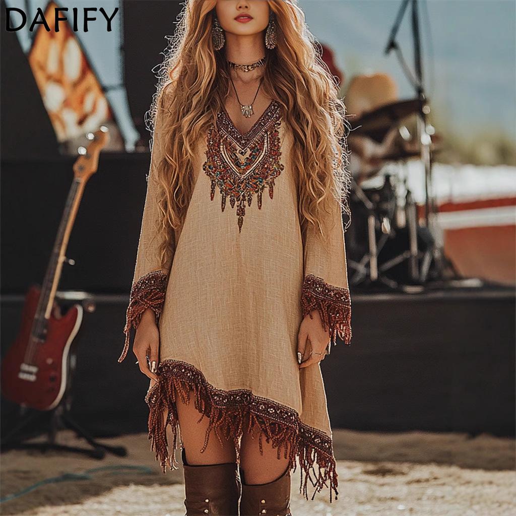 DAFIFY Women's Fashion Spring Fall Long Sleeve V-Neck Loose Waistline Casual Dresses