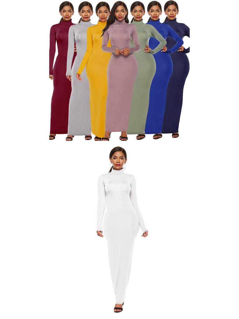 Elastic High-Neck Long-Sleeve Maxi Dress