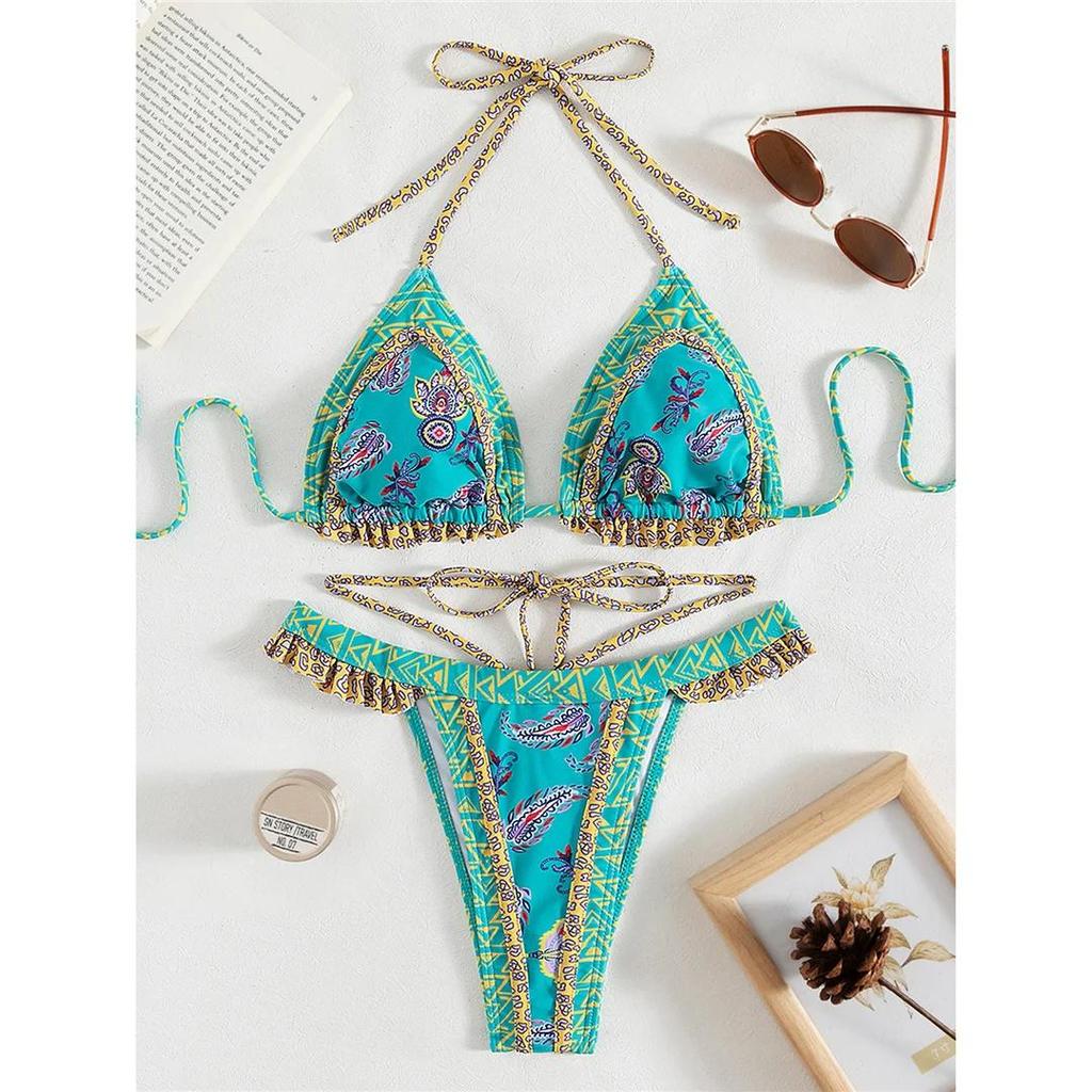 5 Colors Sexy Printed Halter Frilled Bikini Women Swimwear Female Swimsuit Two-pieces Bikini set Bather Bathing Suit Swim