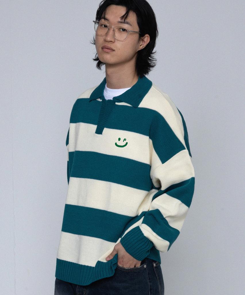 GRAVER [Unisex] Drawing Smile Stripe Collar Knit_Green
