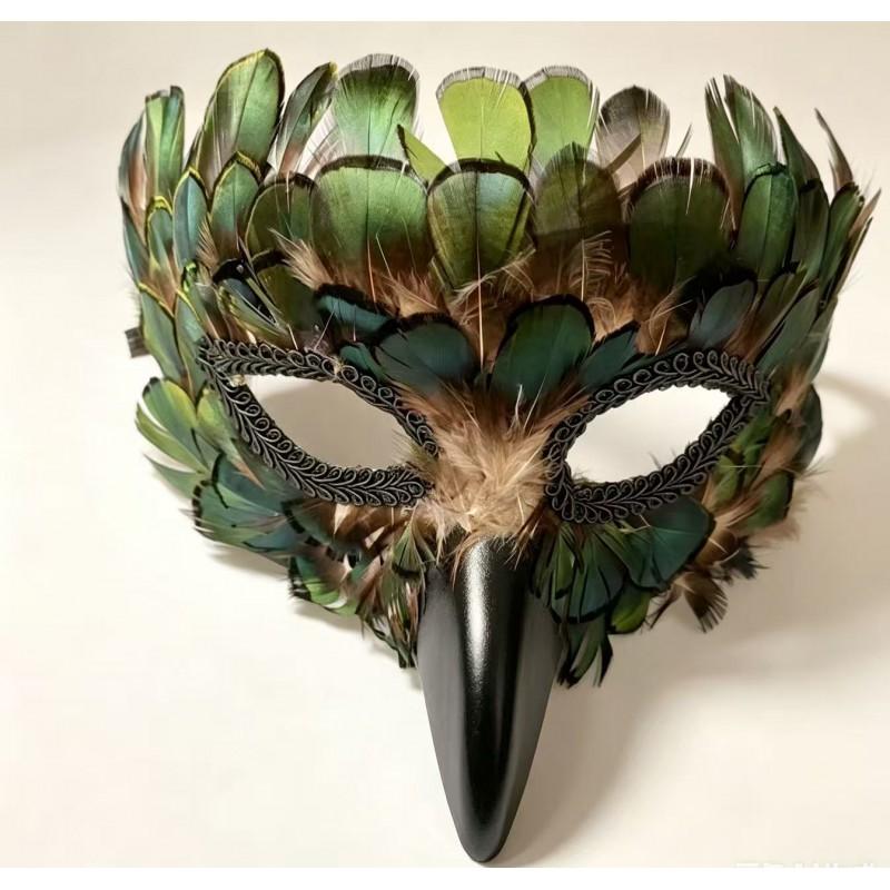Handmade Peacock Feather Beak Mask Venetian Masquerade Halloween Crow Long Nose