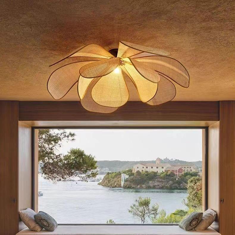 Handcrafted Rattan Petal Lamp: Wabi-Sabi Chandelier for Bedroom, Tea Room, or Restaurant.