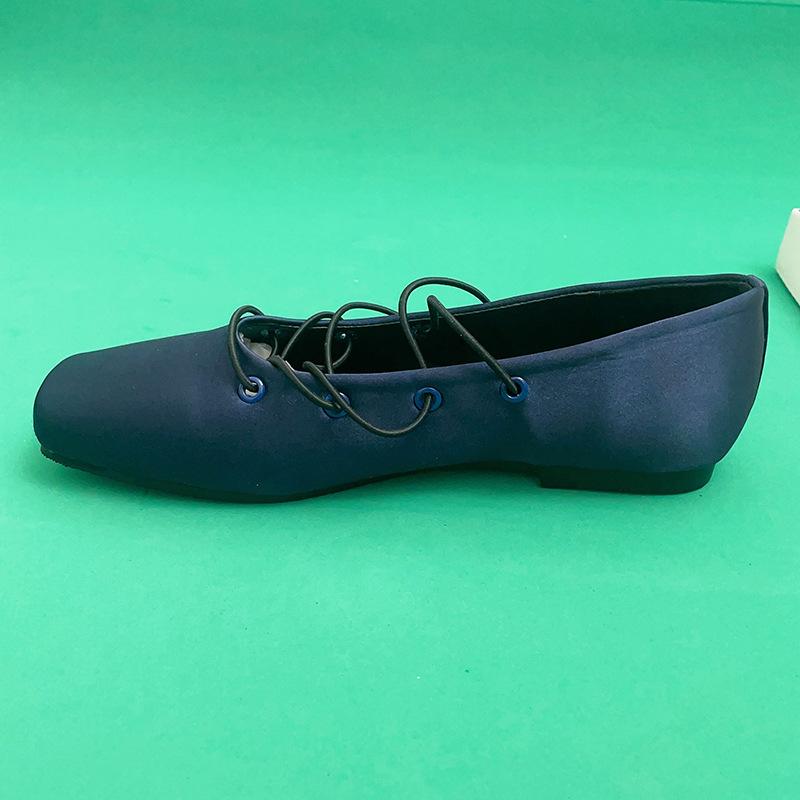 Korean New Blue Satin Leather Square Head Retro Niche Light Mouth Single Shoes Mary Jane Ballet Flats Women