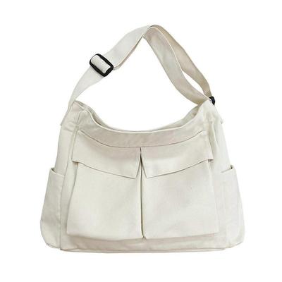 Large Capacity Canvas Tote Bag with Multi Pockets Crossbody Handbag Shoulder Bags School Messenger Bag for Women Men  White