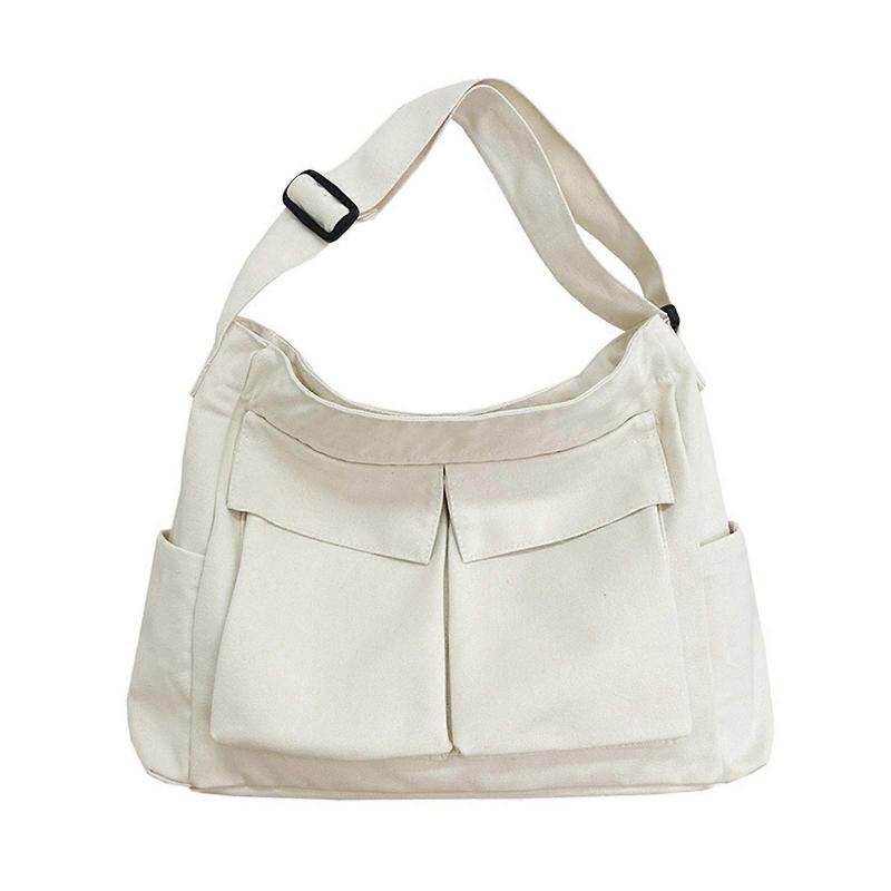 Large Capacity Canvas Tote Bag with Multi Pockets Crossbody Handbag Shoulder Bags School Messenger Bag for Women Men White less