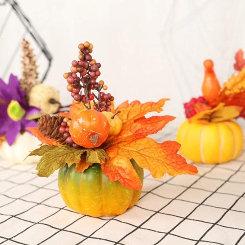 Artificial Halloween Pumpkin Maple Leaves Ornament Potted Fall Harvest Thanksgiving Decorations Miniatures Figurines