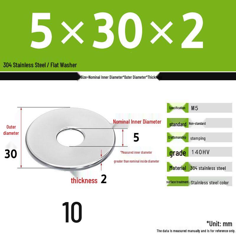 304 Stainless Steel Thickened Flat Washer Set, Sizes 2-36