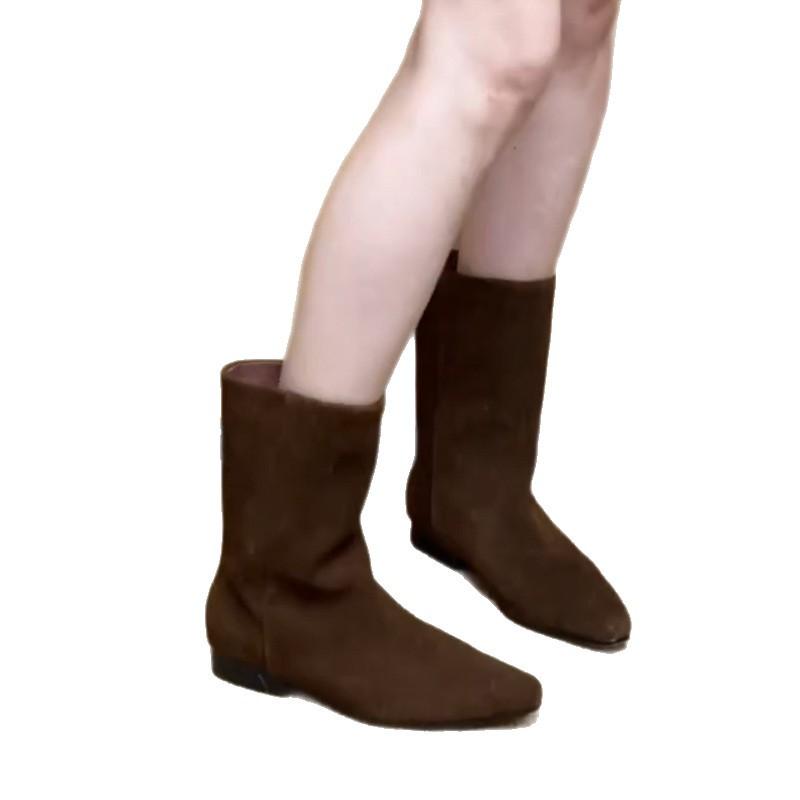 Cowhide version~ 2025 new autumn and winter retro western cowboy boots for women Maillard brown suede flat short boots for women