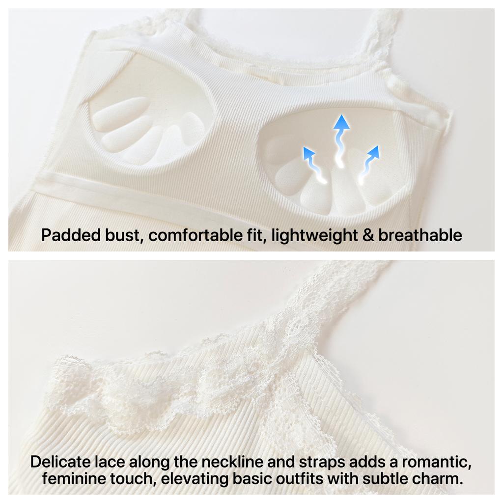 Women's Ribbed Lace Camisole with with Built-in Bra Pads and Buttons,Slim Fit Tank for Women