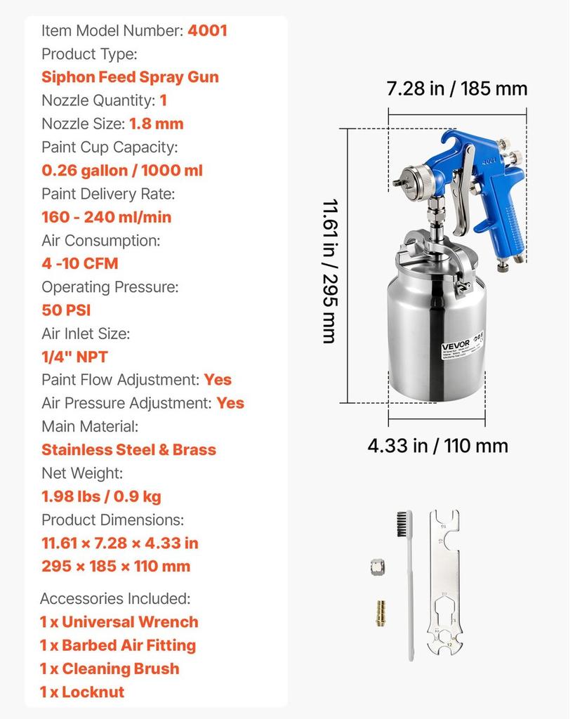 Siphon Feed Spray Gun, High Atomization Air Paint Spray Gun, 1000cc Automotive Paint Sprayer with 1.8 mm Nozzle, Adjustable Flow Rate & Air Volume for