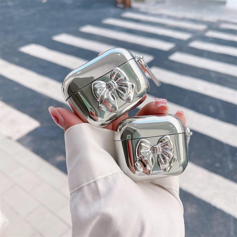 Applicable Apple earphone case electroplated silver bow AirPods earphone case simple advanced sense cute