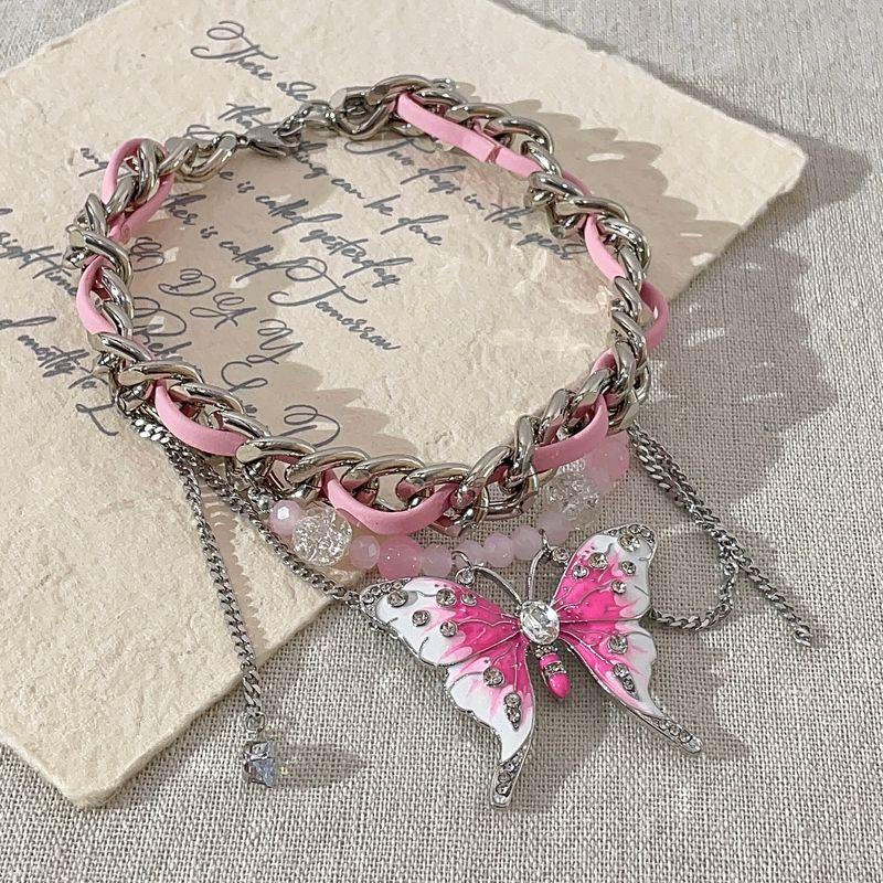 

Pink Leather Female Chocker Clavicle Chain Jewelry Pink Butterfly Leather Patchwork Necklace