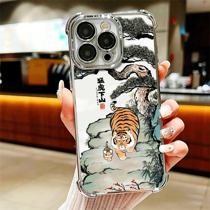 

Cartoon Fat Tiger Funny Plating Phone Case For Iphone 16 17 Pro Max Air 16E 14 15 Plus 12 13 Mini Anti-Fall Airabag Cover iPhone 13 Pro