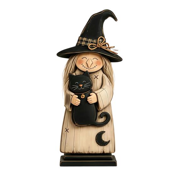 Spooky Halloween Party Table Centerpieces Wooden Witch Ornament, Retro Figurine with Broom/Pumpkin/Black Hand Painted Black Cat Cat, Creative Tabletop