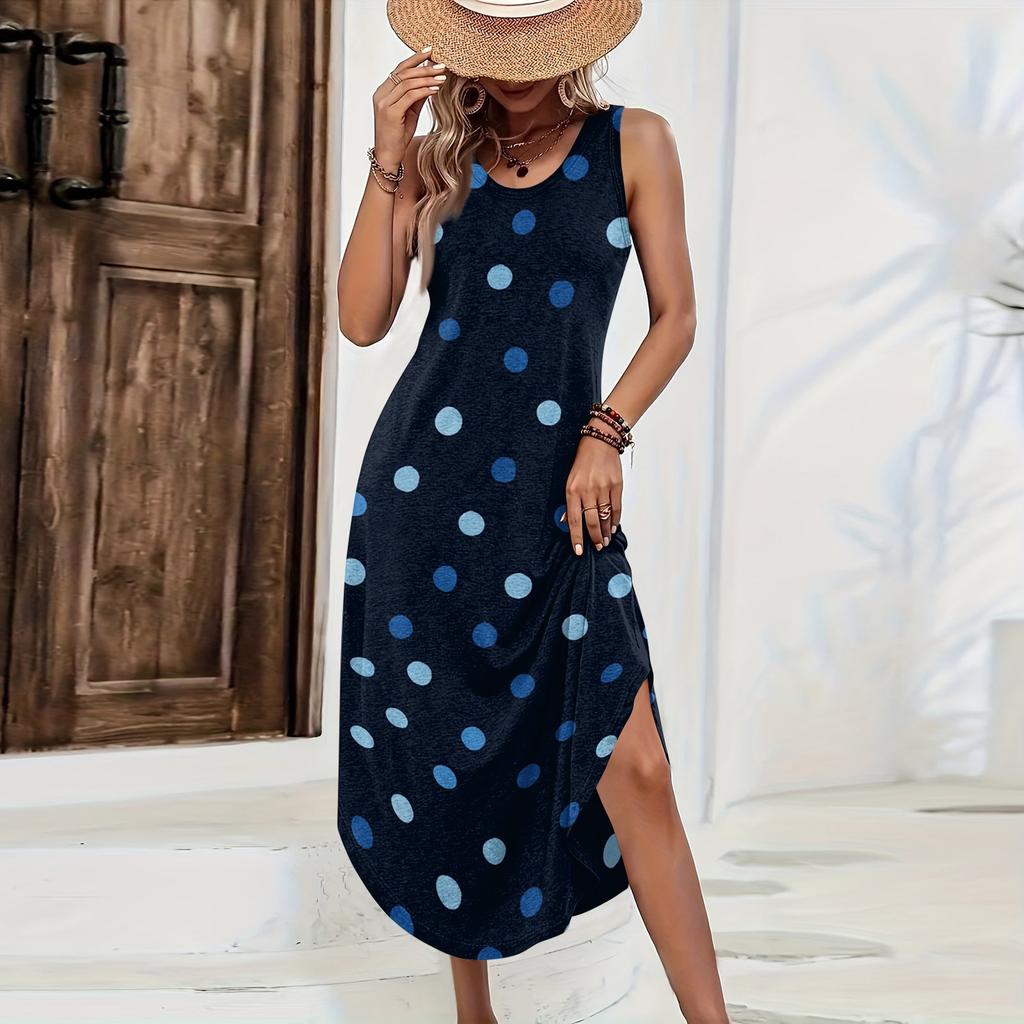 Women Sleeveless Maxi Dress Loose Fit Casual Polka Dot Print Long Dress Side Slit Summer Beachwear Comfortable Lightweight