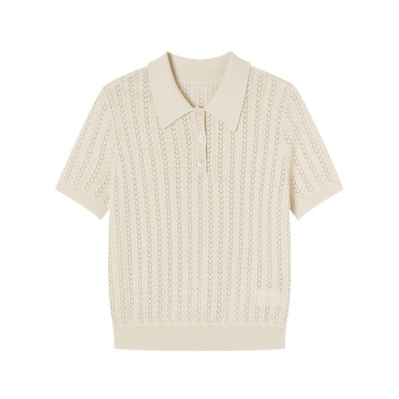 

Women s Polo Collar Hollow Knit Short Sleeve Top M
