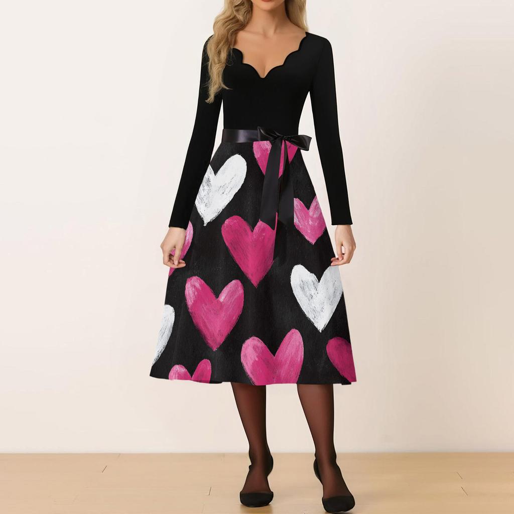 Damen Freizeitmode V-Ausschnitt Valentinstag Print Retro Kleid
