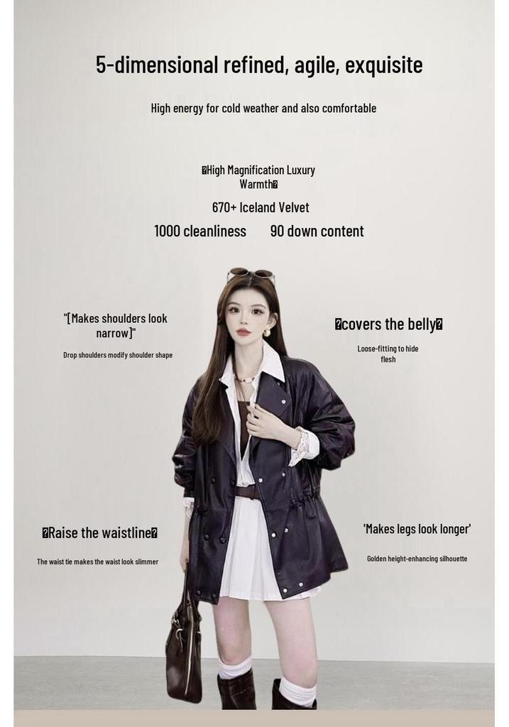 Women's Mid-Length Waist-Cinching Leather Jacket - 2026 New Stylish Temperament with 90% Duck Down Warmth