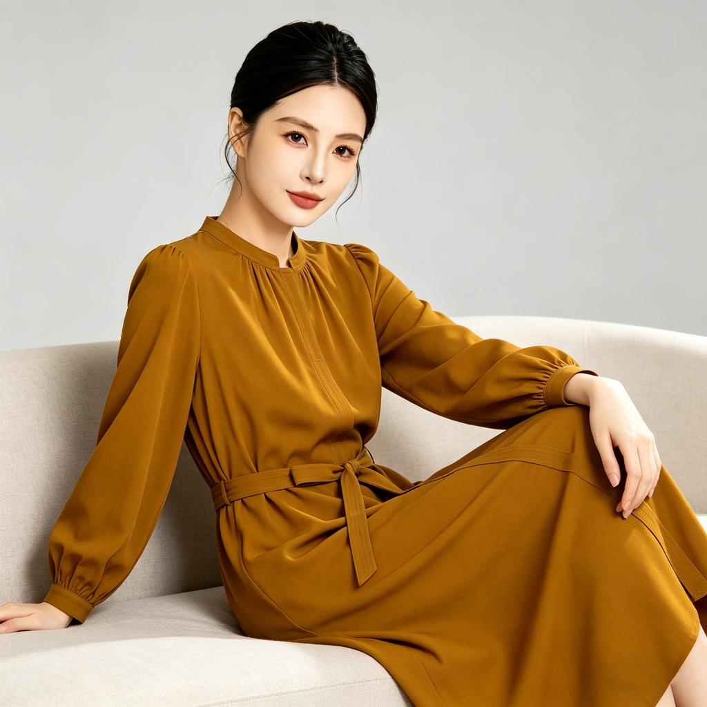 Waist cinching temperament long sleeved mid length skirt