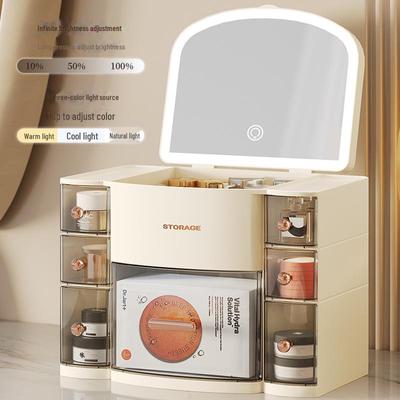 Lighted 3-Color Cosmetic Storage Box with Mirror, Dustproof Desktop Drawer for Skincare