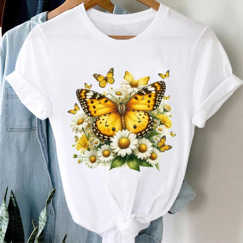 (Asian Size) Printed Clothing Top Fashion Short Sleeve T-shirts Women vintage butterfly flower Graphic Tee Lady Female Casual T Shirt Tees