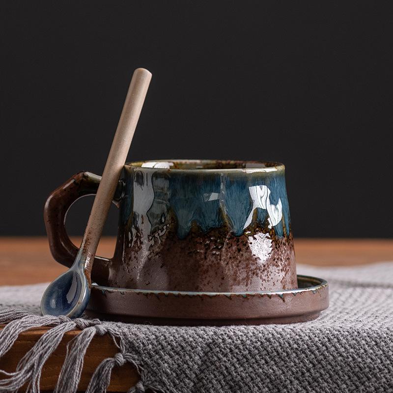 Fashion light luxury style kiln-changed ceramic coffee cup Dehua traditional handmade mug with spoon home gift creation