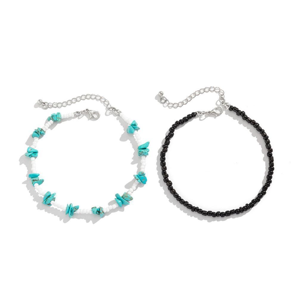 European and American Pine Stone Rice Bead Foot Chain for Men, Simple Beach Double Layered Stacked Foot Rope Versatile Beaded Jewelry Gift