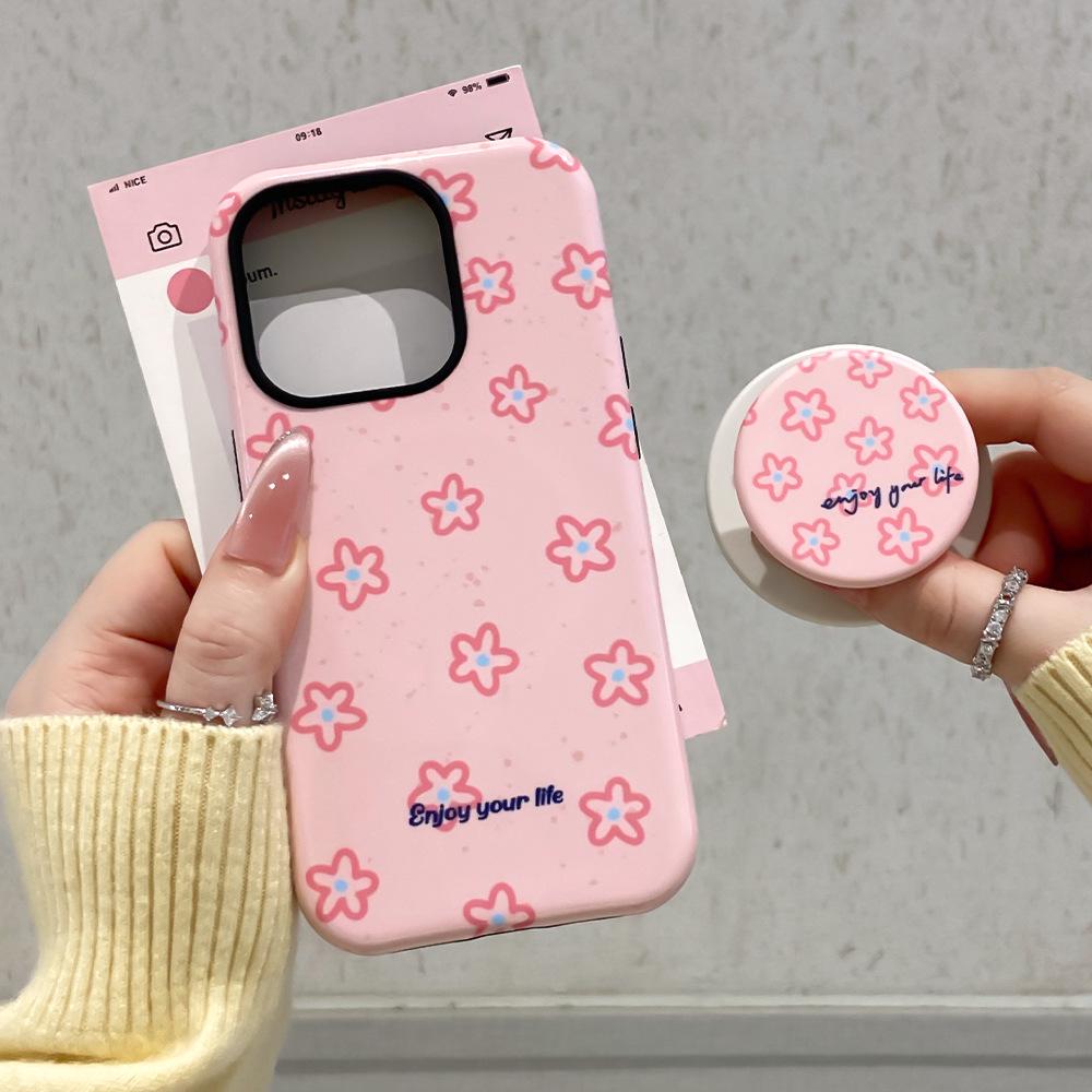 Magnetic Film 2-in-1 Apple 16 Pro Max Case: Pink Flower Stand, Drop-Proof, Korean Style, Fits iPhone 13-15.