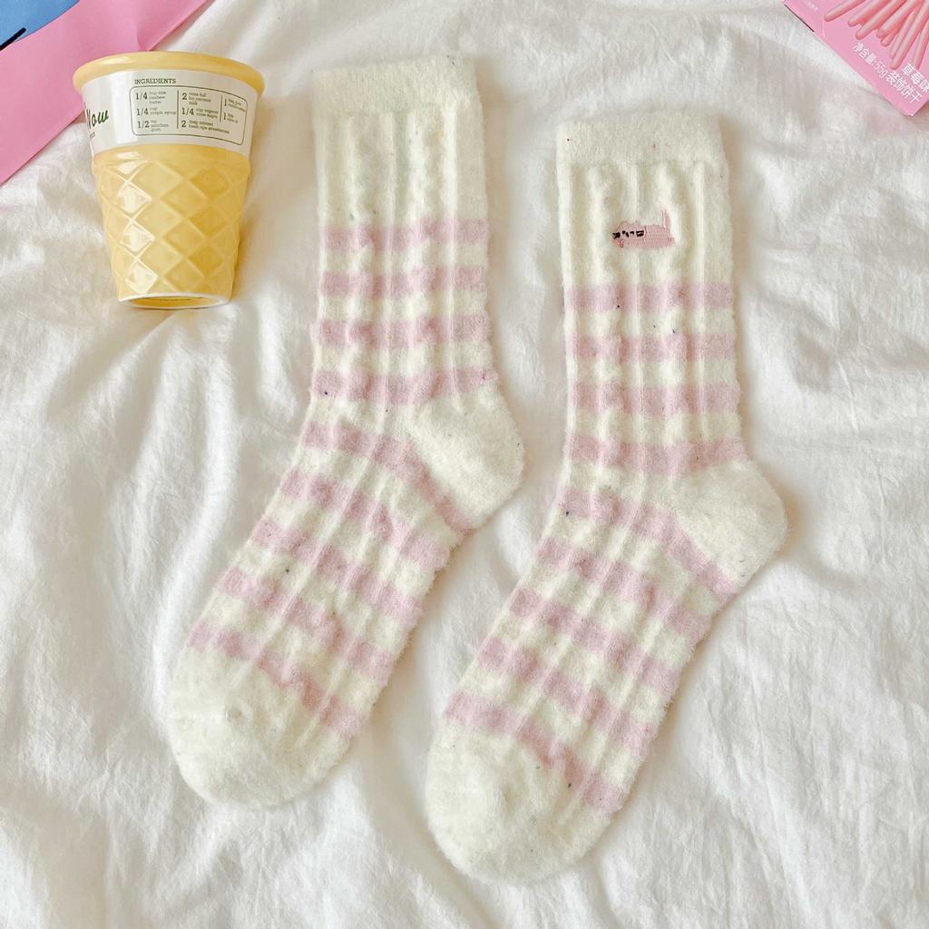 Season Pink Plush Socks Love Embroidery Cat Australian Plush Socks Plush Thickened Warm Sleep Socks