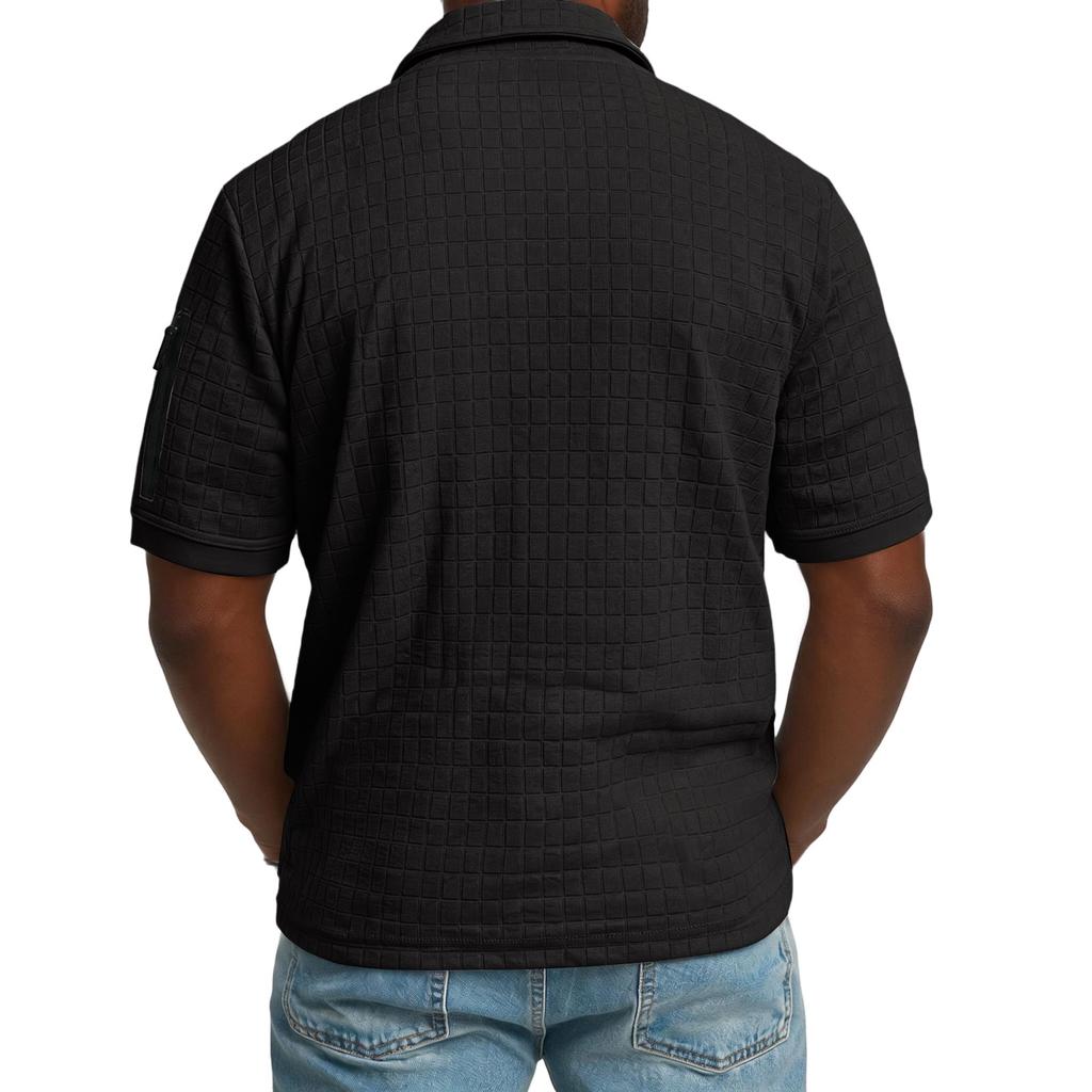Men's Slim Fit Plaid Short Sleeve Shirt Zipper Front Casual Top with Decorative Arm Zip Pockets