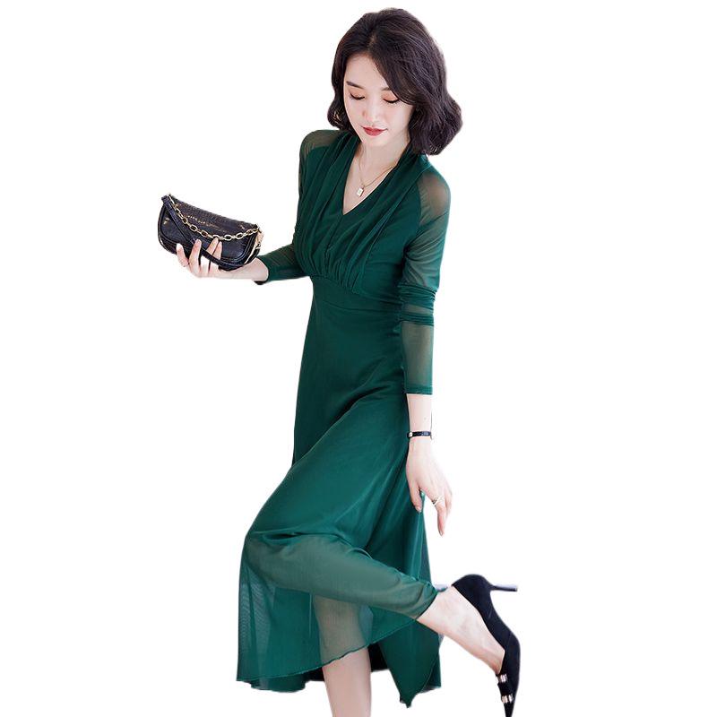 Elegant V-Neck Long Sleeve Mesh Dress for Women - Plus Size, Slimming Waist, Belly-covering, Stylish 2025 Spring/Autumn Fashion