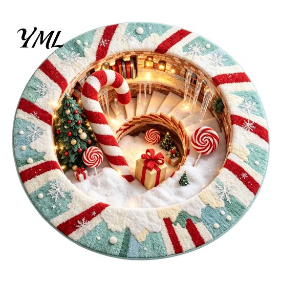 Soft Crystal Velvet Mat 3D Optical Illusion Round Christmas Rug, Cute Santa Claus Floor Mat, Holiday Area Carpet Vivid Printed Circular for