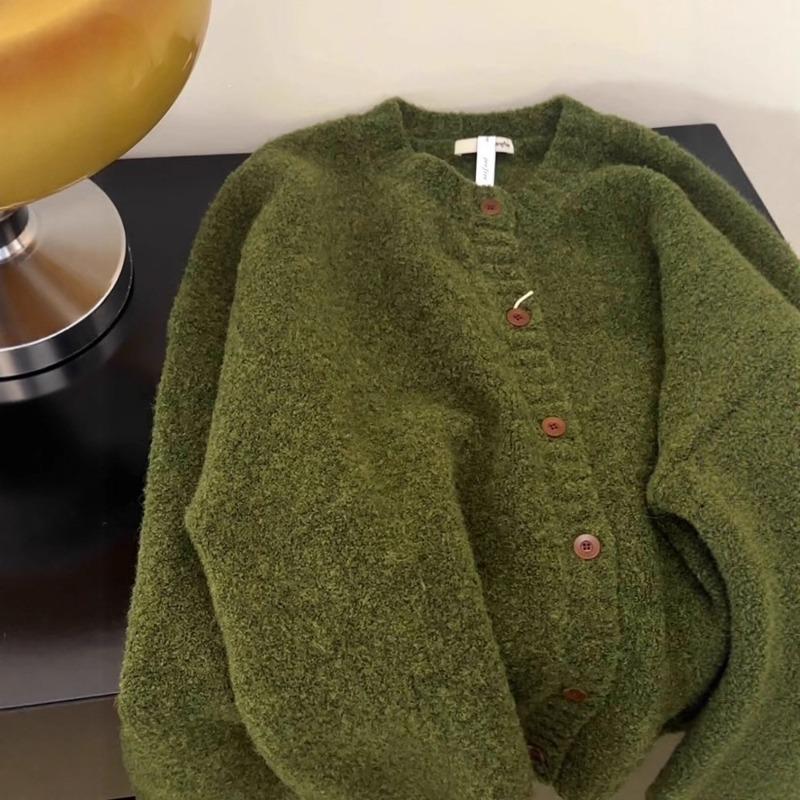 Retro avocado green crew neck knitted cardigan women's autumn and winter soft waxy loose thickened sweater jacket premium top