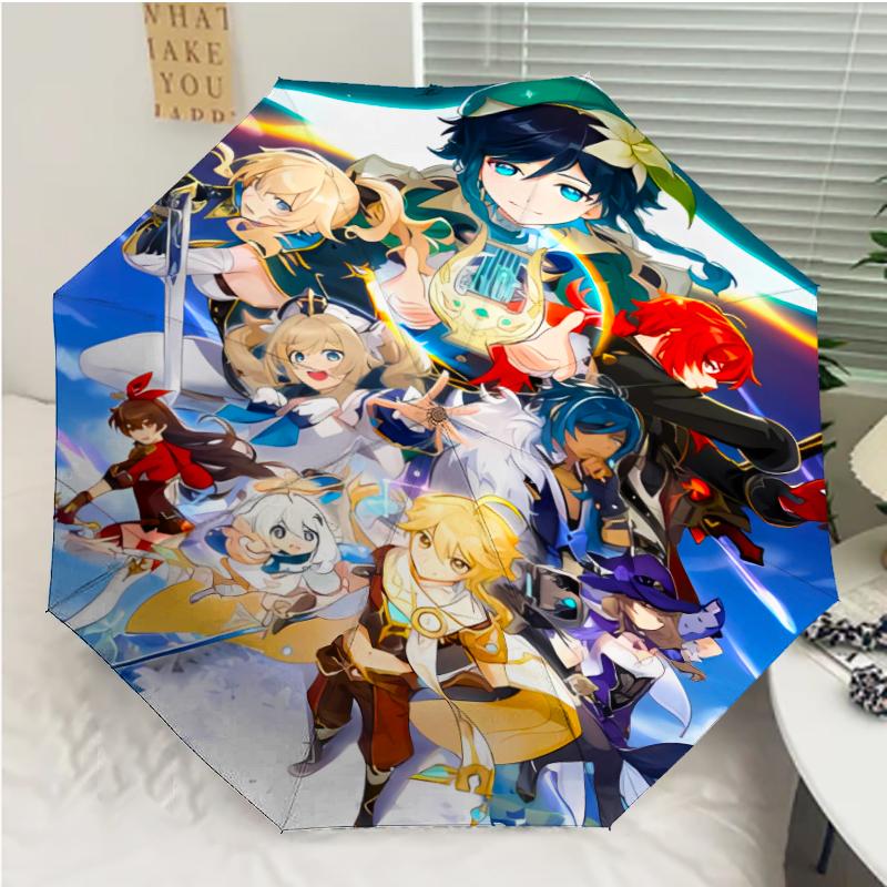Genshin Impact characters1 Print Automatic Umbrella, 8 Rib Iron Frame, Plastic Handle, Suitable for Outdoor Travel &Daily , Ideal Gift