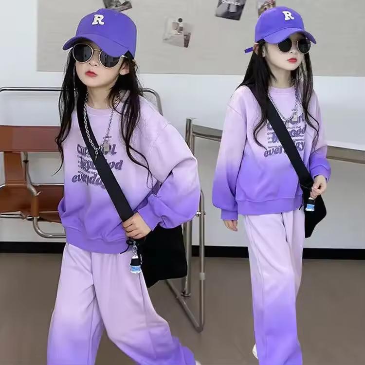 Spring Autumn Girls Kids Tracksuit Children Set Cloth Loose Gradient Sweatshirt Hooded + Wide Leg Pant Suit Teens 4 8 10 12 Year