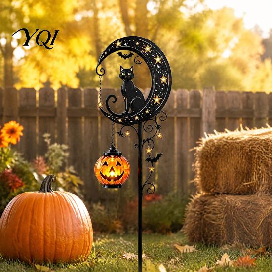 Black Cat And Pumpkin Lawn Decor Halloween Solar Garden Light, Moon Stake Pathway Lights for Home Courtyard Waterproof LED Yard Decoration Outdoor