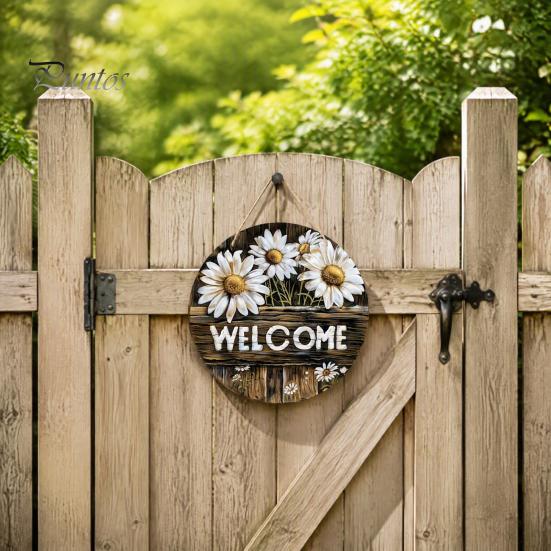 Decorative Wood Sign for Porch Wooden Daisy Welcome Front Door, Rustic Farmhouse Hanging Wall Decor Floral Art with Hemp Rope, Plaque Home Entrance