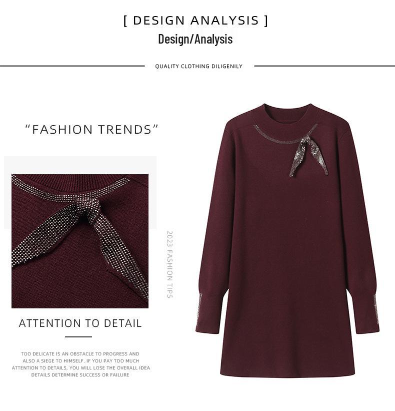 2025 Rhinestone High Neck Knit Midi Dress for Petite Women