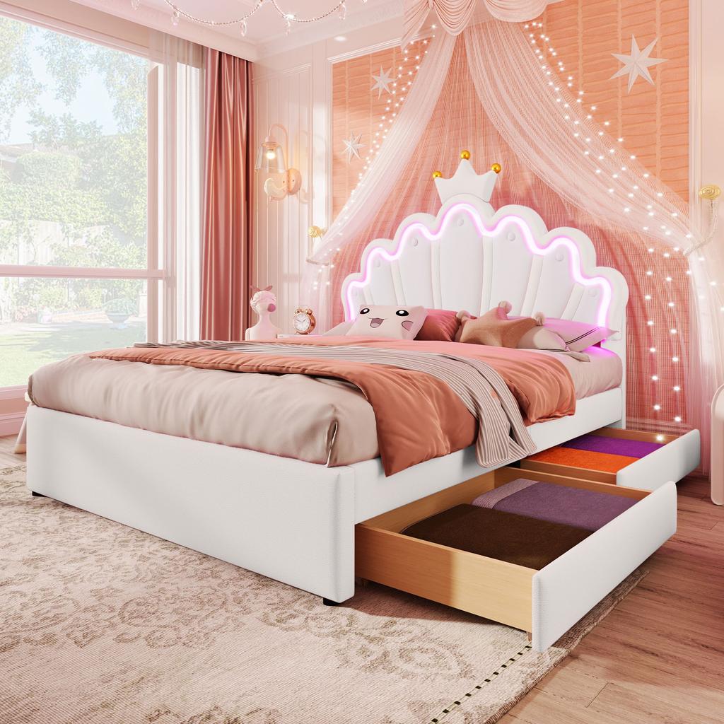 Letto imbottito, 140 x 200 cm, Senza materasso, Luce ambientale controllata a distanza, 2 cassetti, Forma a corona di principessa, Testiera regolabile, PU, Bianco