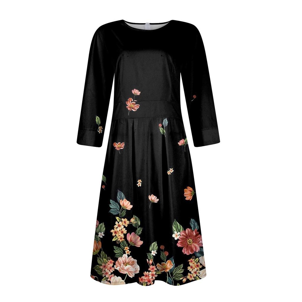 Damska sukienka casualowa i modna z 3/4 rękawami, kieszenią i zamkiem błyskawicznym z tyłu