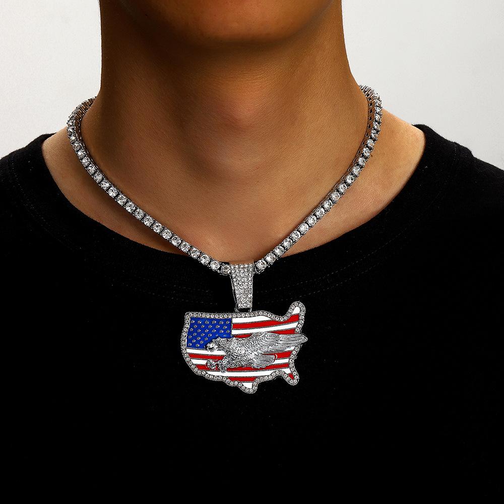 American Flag Drip Oil Full Diamond Alloy Pendant American Independence Day Hip Hop Necklace Men's Necklace Jewelry