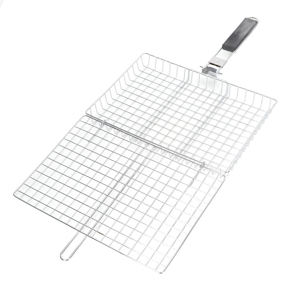 BBQ Grilling Basket Stainless Steel Folding Reusable Heat Resistant Wooden Handle Barbecue Rack for