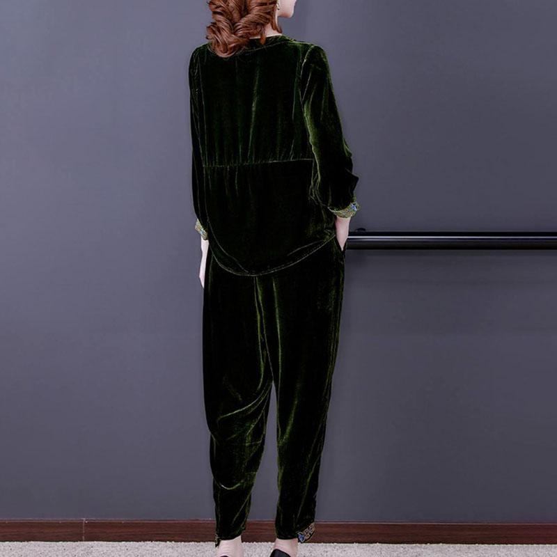 2pcs Pants Suits Autumn Retro Women's V Neck Plus-size Velvet Blouse High-waist Velvet Harem Pants Two-piece Set