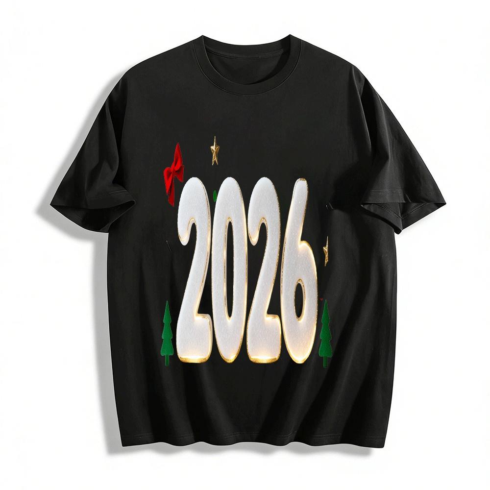 2026 New Year Flocked Number Print Casual Versatile Top Pure cotton T-shirt XXS