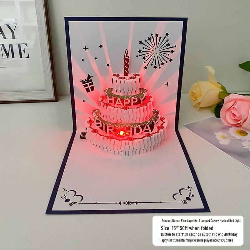 Carte pop-up Gâteau d'anniversaire musical 3D avec lumières colorées et enregistrement