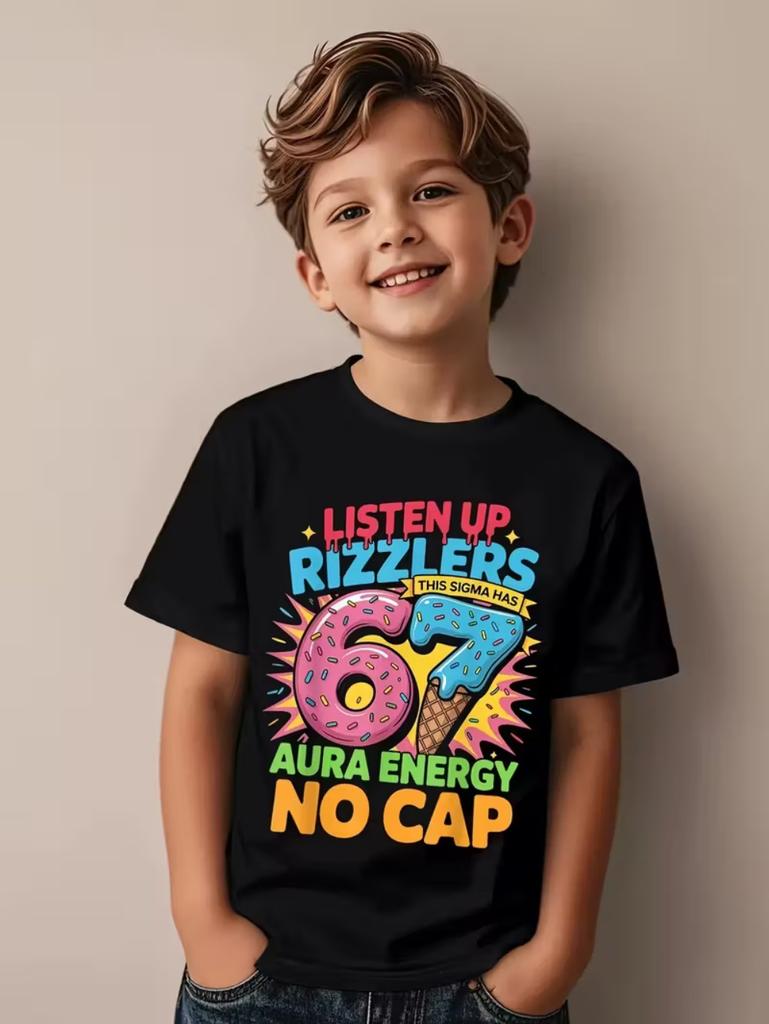 67 Meme Graphic Tshirt Kids Funny Number Print Summer Short Sleeve Loose Streetwear Tops