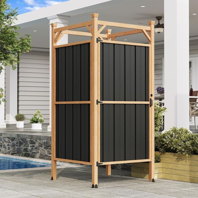 Secure Outdoor Shower Enclosure with Metal Panels, Hooks, and Shelves - Ideal for Pool and Beach Rinsing, Compact Design