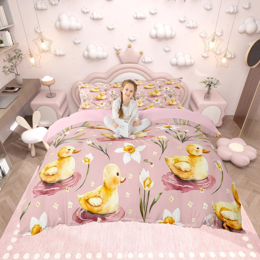 Homewish Ржаной Комплект Пододеяльника с УткамиЦветочный Комплект Покрывала с Country FlowerБело-Желтый Комплект Постельного Белья Для Мальчиков Подростков EU Single(135*200cm)3pcs
