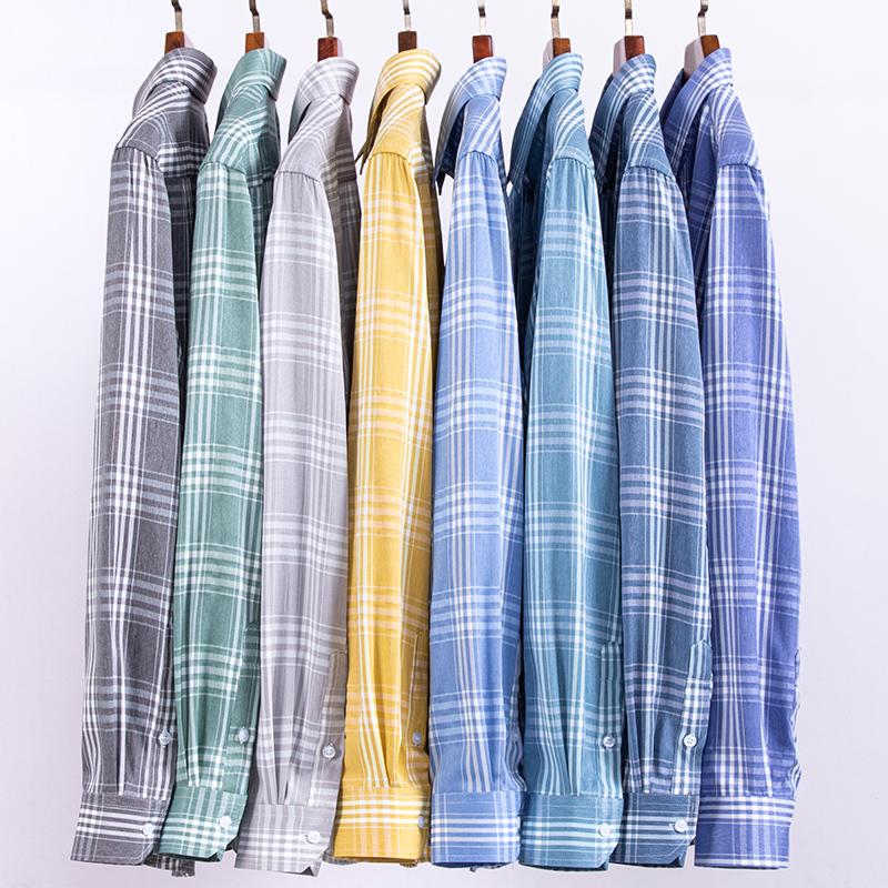 Pure Cotton Plaid Shirts for Men Logo Long Sleeve Quality Formal Business Man Shirt